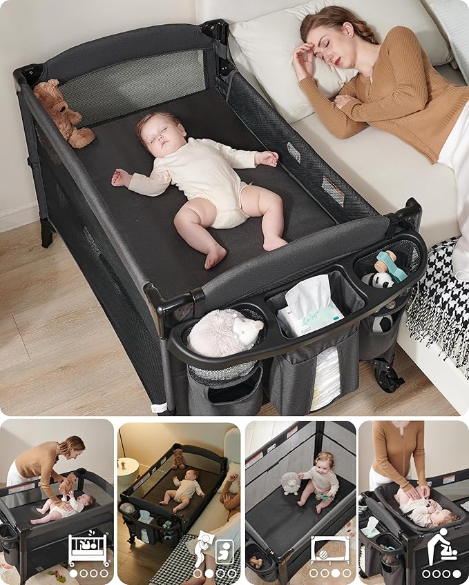 AirClub 4 in 1 Baby Bassinet Bedside Sleeper, 4 Functions Crib, Playard, Portable Changing Table, Bassinet for Newborn Baby, Bedsaide Bed w/Wheels&Brakes-CubbioJoy