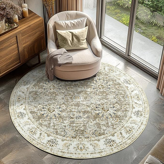 jinchan Round Rug 4ft Area Rugs Vintage Floral Distressed Design - Machine Washable Non-Slip Low-Pile Ultra-Thin Circle Rug for Entryway Bedside Living Room Dining Room Bedroom (4' Round,Taupe)-CubbioJoy