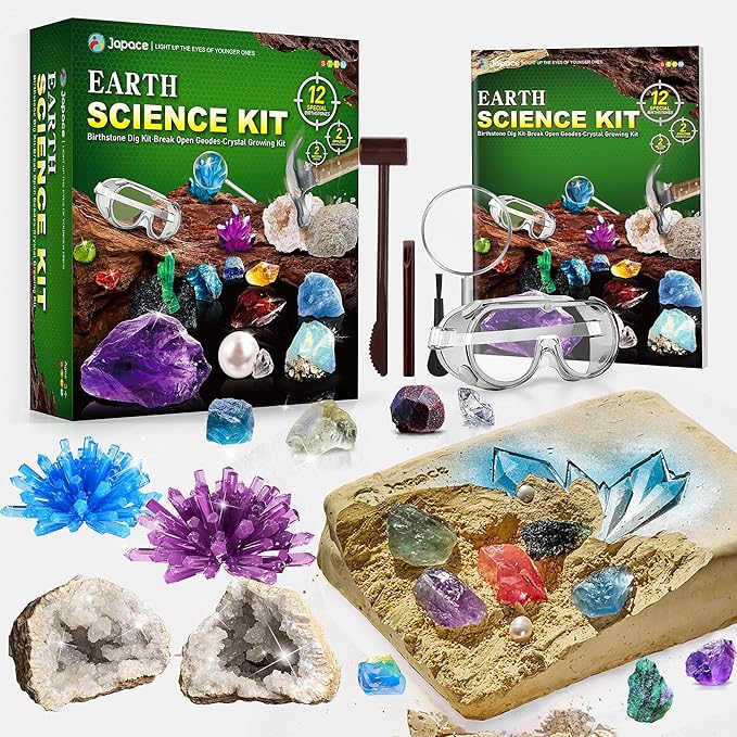 Japace Earth Science Kits for Kids Age 4-6-8-12-14, Birthstone Gemstone Dig Kit, Geology Kit with Break Your Own Geodes, Crystal Growing Experiment, Rock Mining Kit Birthday Gifts Toys for Boys Girls-CubbioJoy