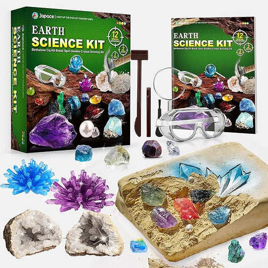 Japace Earth Science Kits for Kids Age 4-6-8-12-14, Birthstone Gemstone Dig Kit, Geology Kit with Break Your Own Geodes, Crystal Growing Experiment, Rock Mining Kit Birthday Gifts Toys for Boys Girls-CubbioJoy