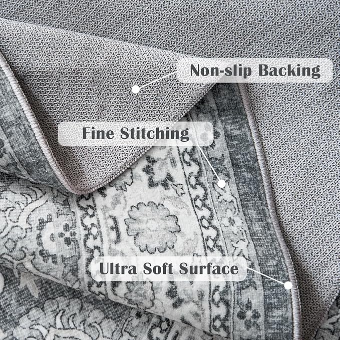 jinchan Round Rug 5ft Washable Circle Soft Rug - Low Pile Vintage 5'Round Indoor Grey Floral Print Stain Resistant Boho Carpet Ultra-Thin Non-Slip for Entryway Nursery Bedroom Dining Room Kitchen-CubbioJoy