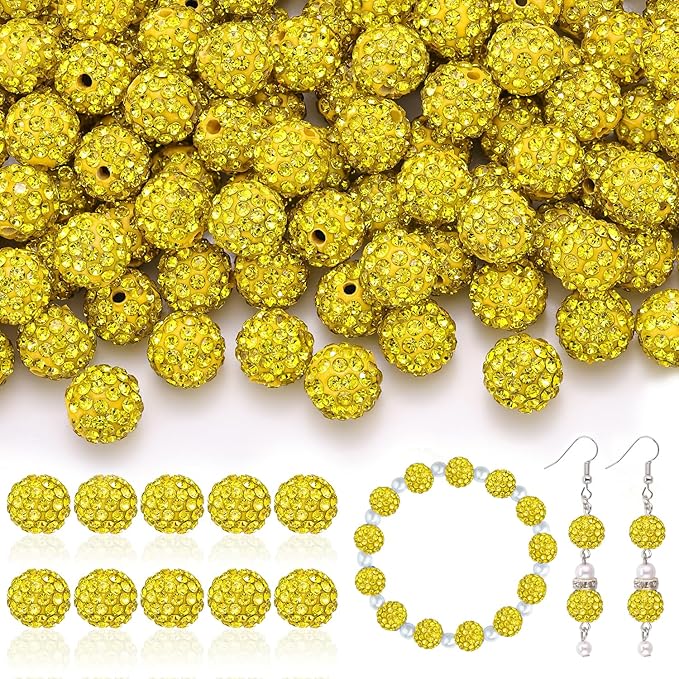 160pcs 10mm Rhinestone Beads for Jewelry Making, Yellow Shiny Round Disco Ball Beads Bulk, Sparkle Crystal Clay Christmas for Bracelet Baseball Necklace Earring Crafting and DIY-CubbioJoy