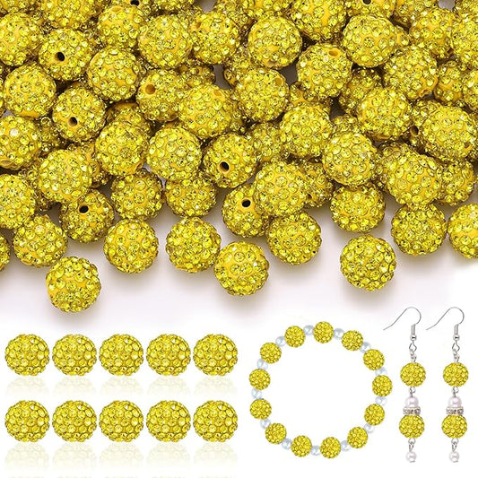 160pcs 10mm Rhinestone Beads for Jewelry Making, Yellow Shiny Round Disco Ball Beads Bulk, Sparkle Crystal Clay Christmas for Bracelet Baseball Necklace Earring Crafting and DIY-CubbioJoy