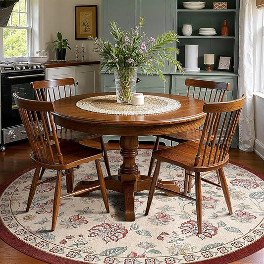 jinchan 7ft Floral Round Rug for Dining Room Washable Living Room Rug Vintage Romance Design Non Slip Indoor Floor Cover Lightweight Low-Profile Throw Carpet for Bedroom Porch Patio, Red/Beige-CubbioJoy