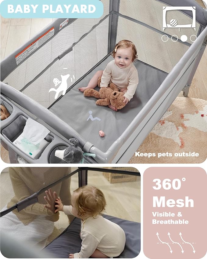 AirClub 4 in 1 Baby Bassinet Bedside Sleeper, 4 Functions Crib, Playard, Portable Changing Table, Bassinet for Newborn Baby, Bedsaide Bed w/Wheels&Brakes-CubbioJoy