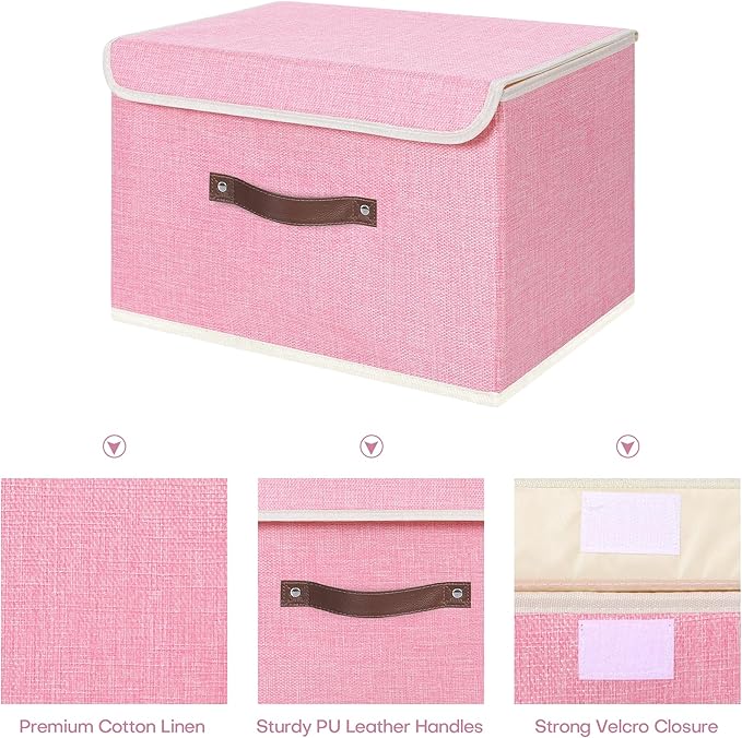 ANMINY 4PCS Storage Bins with Lid PU Leather Handles Storage Boxes PP Plastic Board Decorative Foldable Lidded Cotton Linen Fabric Home Cubes Baskets Closet Organizer Containers - Pink, Large Size-CubbioJoy