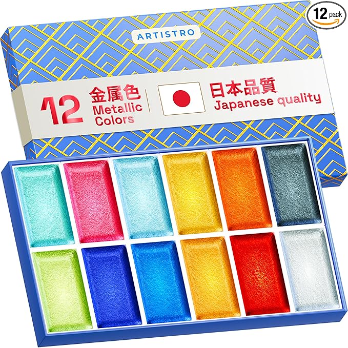 ARTISTRO Professional Metallic Watercolor Paint Set for Adults - 12 Pigment-Rich Metallic Colors, XL Pans, ASTM-I Lightfastness, High Tinting Strength Watercolor Set for Professionals made by professionals-CubbioJoy