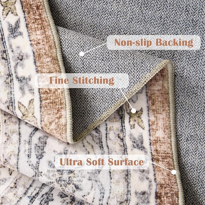 jinchan Round Rug 5ft Washable Circle Soft Rug - Low Pile Vintage 5'Round Indoor Orange Floral Print Stain Resistant Boho Carpet Ultra-Thin Non-Slip for Entryway Nursery Bedroom Dining Room Kitchen-CubbioJoy