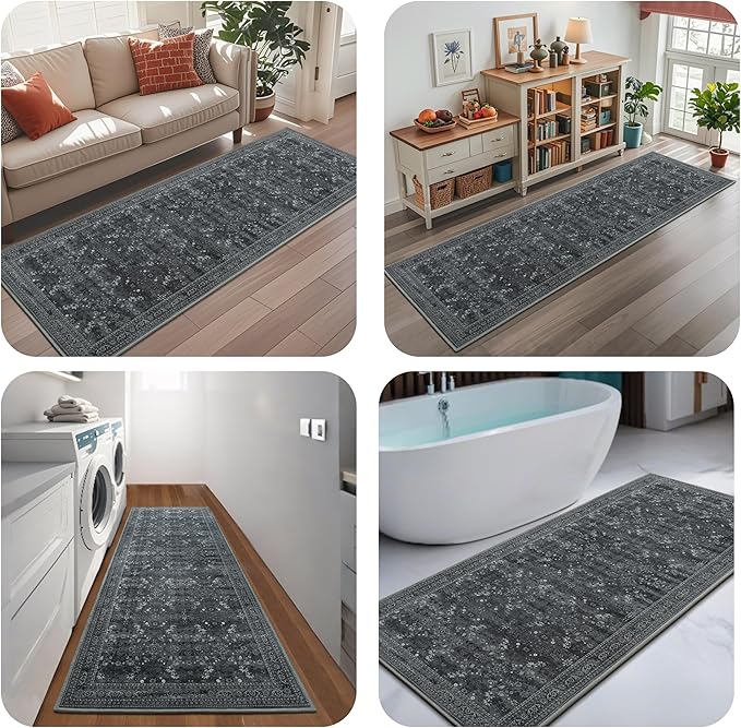 2x6 Washable Kitchen Runner Rug for Hallways, Non Slip Laundry Runners for Bathroom, Low Pile Rubber Backed Rugs for Entryway, Vintage Floral Carpet for Living Room Bedroom Black/Gray-CubbioJoy