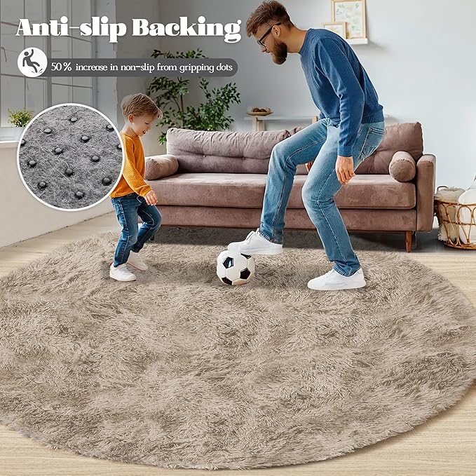 4FT Round Rug for Bedroom: Fluffy Shag Soft Washable Rugs Circle Small Fuzzy Plush Indoor Carpet for Living Room Nursery Playroom Dorm Kids Girls Boys Room (Camel, 4'x4')-CubbioJoy
