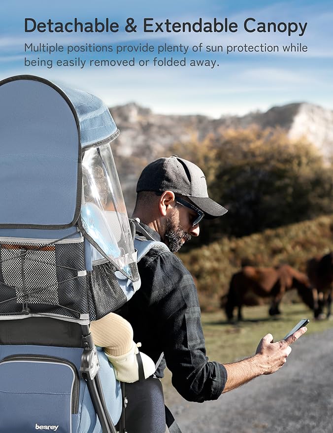 besrey Baby Backpack Carrier, Toddler Hiking Backpack with Safety 3-Height Seat, Adjustable Straps&Waist Belt, Foldable Frame Lightweight Large Capacity Child Carrier for Hiking (Haze Blue)-CubbioJoy