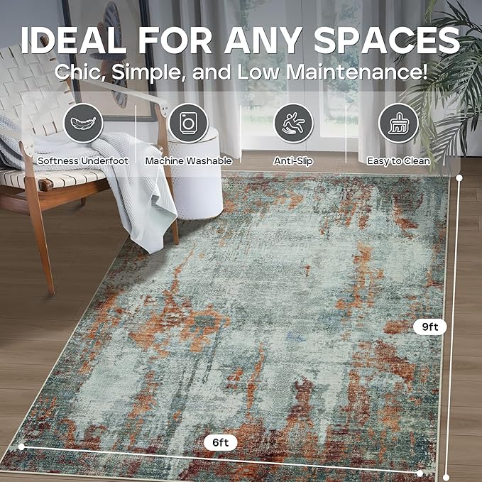 6x9 Area Rugs for Living Room Rug Washable: Modern Rug for Dining Room Bedroom Carpet Non Slip Low Pile 6 by 9 Indoor Abstract Nursery Home Office Red Brown-CubbioJoy