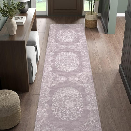 jinchan Hallway Runner Rug 2x8 Vintage Floral Distressed Design - Machine Washable Non-Slip Low-Pile Soft Thin Faux Wool Kitchen Carpet for Farmhouse Bedroom Laundry Room(2x8ft,Orchid)-CubbioJoy