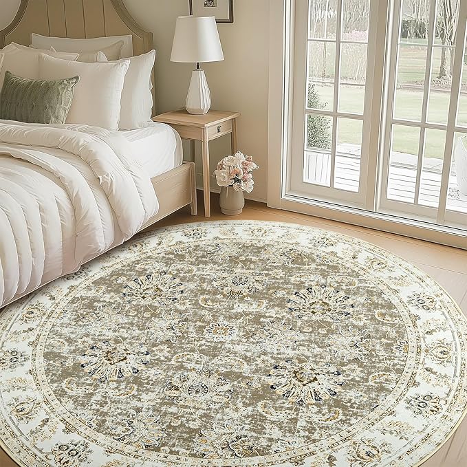 jinchan Round Rug 7ft Area Rugs - Vintage Floral Distressed Design Machine Washable Non-Slip Low-Pile Ultra-Thin Circle Rug for Living Room Dining Room Bedroom Home Office Farmhouse (7' Round,Taupe)-CubbioJoy