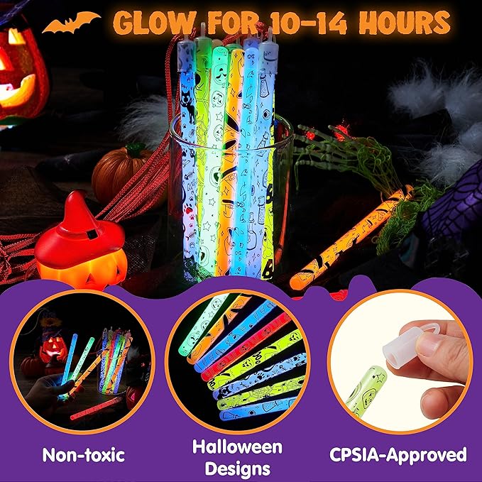 JOYIN 24 Pcs Halloween Glow Stick Hanging Wands in 8 Different Pattern Designs and 6 Colors for Kids Party Favors, Halloween Party Supplies, Glow in the Dark, Goodies Bags Fillers, Non Candy Treats-CubbioJoy