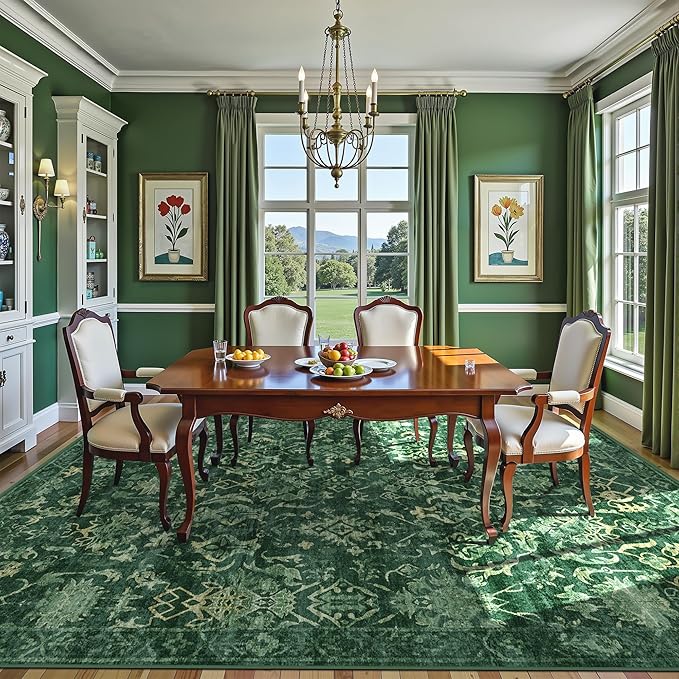 Deerly Dark Green Area Rugs 10x12 for Living Room Soft Non-Slip, Large Bedroom Rug Vintage Dining Room Rug Tribal Farmhouse Carpet for Dining Room Office Green-CubbioJoy