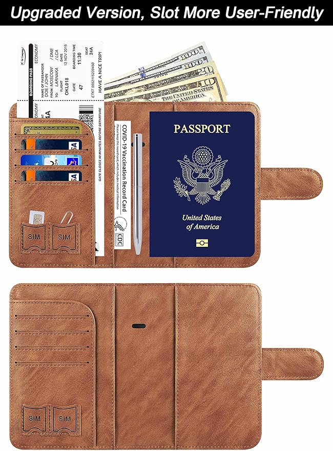 Airtag Passport Holder Cover Wallet Travel Essentials Leather Rfid Blocking Case Vacation Luggage Must Haves Travel Accessories for Men Women (117#Brown)-CubbioJoy