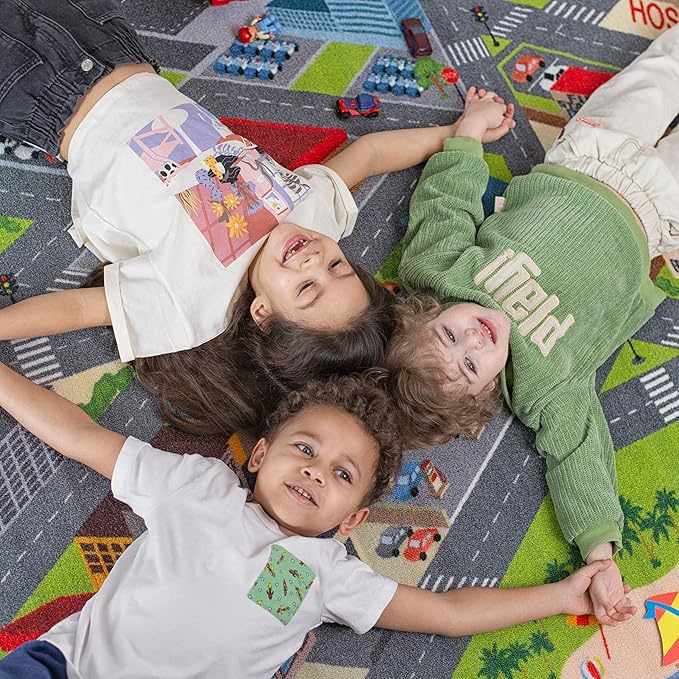 KC Cubs 5x7 City Streets Car Road Rug – Educational Non-Slip Play Mat for Kids, Toddlers, Nursery, Classroom, Playroom, Baby Daycare, Boy Girl Carpet-CubbioJoy