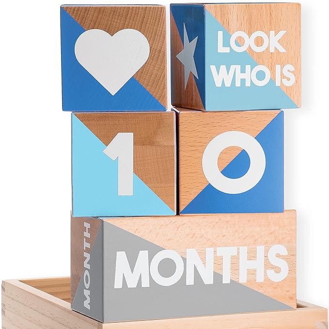 Baby Monthly Milestone Blocks — Cute Nursery Decor — Lovely Newborn Photography Props — Baby Shower Gifts (Blue & Gray)-CubbioJoy
