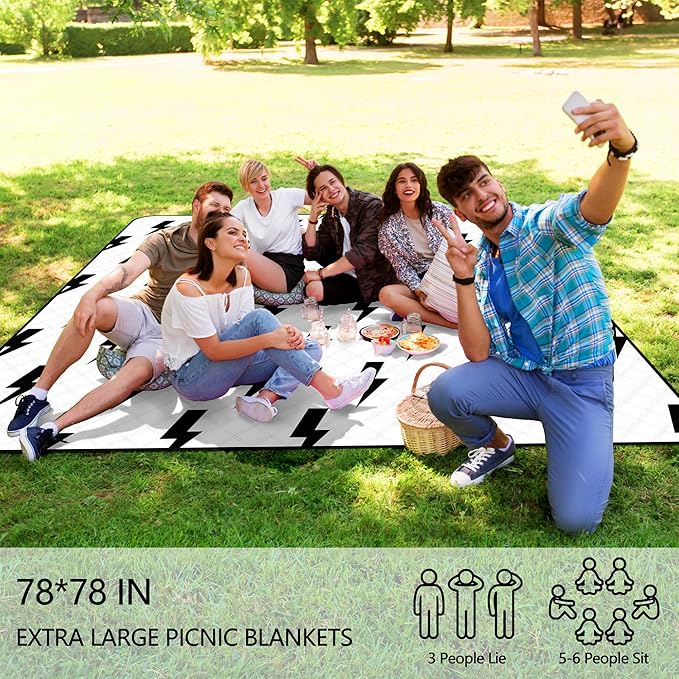 79''x79'' Extra Large Picnic Blankets, Waterproof Sandproof Foldable Outdoor Picnic Mat, Portable 3-Layer Fabric Beach Blanket for Camping, Park, Travel, Family Friends-Stylish Lightning Pattern-CubbioJoy