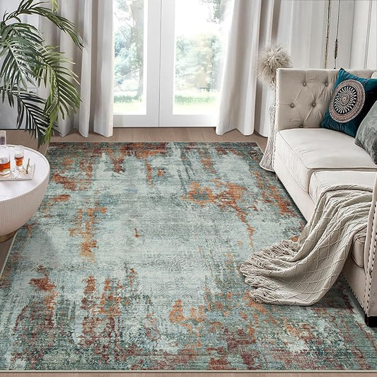 4x6 Area Rugs for Living Room Rug Washable: Modern Large Rug for Dining Room Bedroom Carpet Non Slip Low Pile 4 by 6 Indoor Abstract Nursery Home Office Red Brown-CubbioJoy