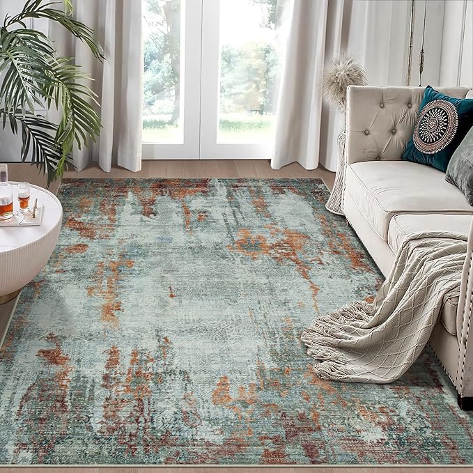 5x7 Area Rugs for Living Room Rug Washable: Modern Rug for Dining Room Bedroom Carpet Non Slip Low Pile 5 by 7 Indoor Abstract Nursery Home Office Red Brown-CubbioJoy