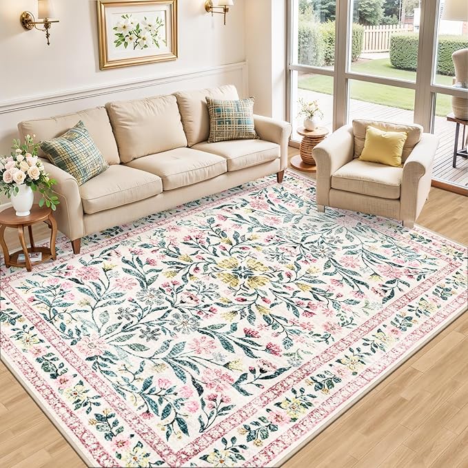 Area Rug Living Room Rugs: Floral 5x7 Washable Rug Vintage Soft Boho Non-Slip Carpet Indoor Stain Resistant Large Carpets for Bedroom Dining Room Farmhouse Nursery Hallway Home Office Pink Green-CubbioJoy