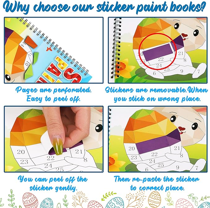 90shine 4PCS Easter Crafts for Kids Ages 4-8 Sticker Books - Basket Stuffer Gift Includes Bunny Egg Chick Gnome and More Designs Create 40 Pictures-CubbioJoy