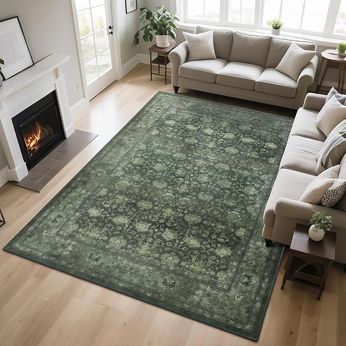 5x7 Washable Area Rug for Living Room, Non Slip Vintage Floral Rugs for Bedroom, Retro Indoor Floor Carpet for Kitchen, Dining Room, Farmhouse, Classroom (Distressed Green)-CubbioJoy