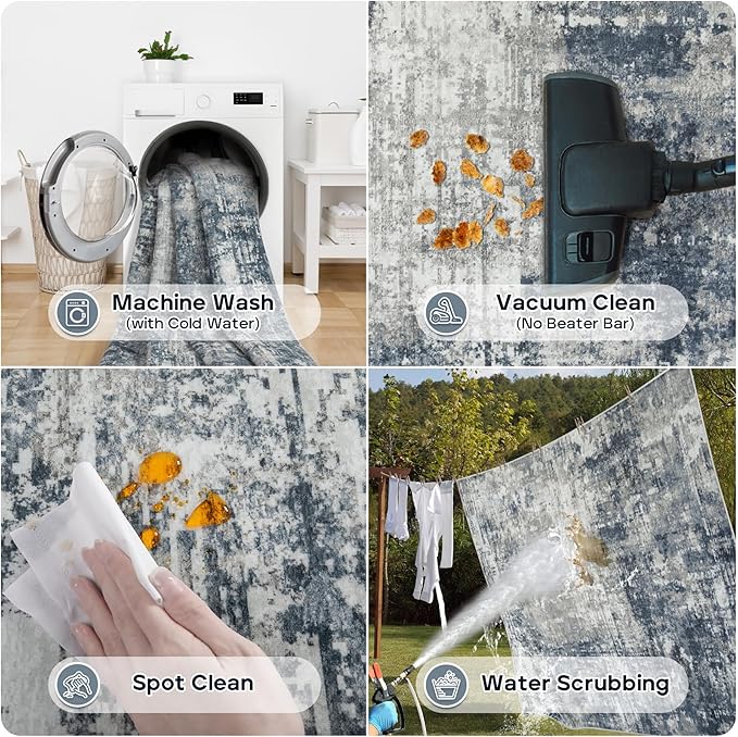 9x12 Area Rugs for Living Room Rug Washable: Modern Large Rug for Dining Room Bedroom Carpet Non Slip 9 by 12 Indoor Abstract Nursery Home Office Blue Grey-CubbioJoy