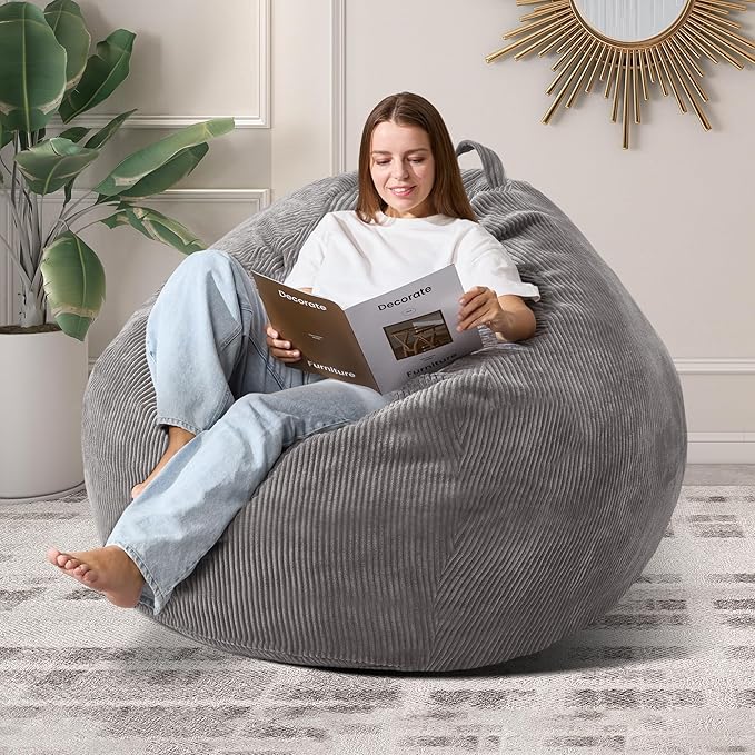 3.5FT Bean Bag Chairs Teardrop Bean Bag Chair for Adults Beanbag Chair with Memory Foam Filled Machine Washable Cover for Living Room, Bedroom (Large,Grey)-CubbioJoy