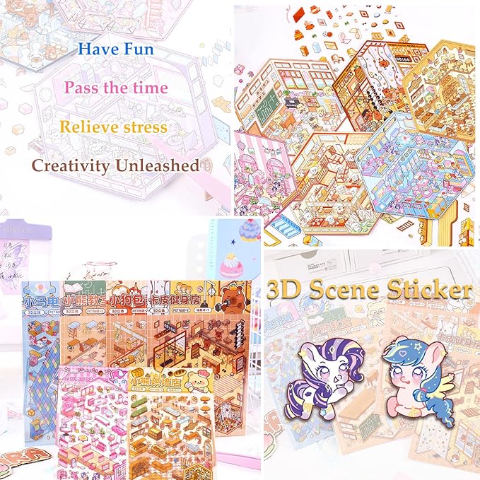 DIY 3D Sticker for Kids, 6 Sets of Cute Stickers for Girls Adult Isometric Sticker Scene Kids Reuseable and Waterproof Stickers-CubbioJoy