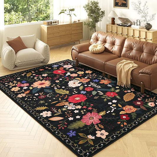 5x7 Washable Rug for Living Room, Floral Black Area Rug, Non Slip Low Pile Soft Flower Carpet, Large Rugs for Bedroom, Dining Room, Office, Kids Playroom, Nursery-CubbioJoy