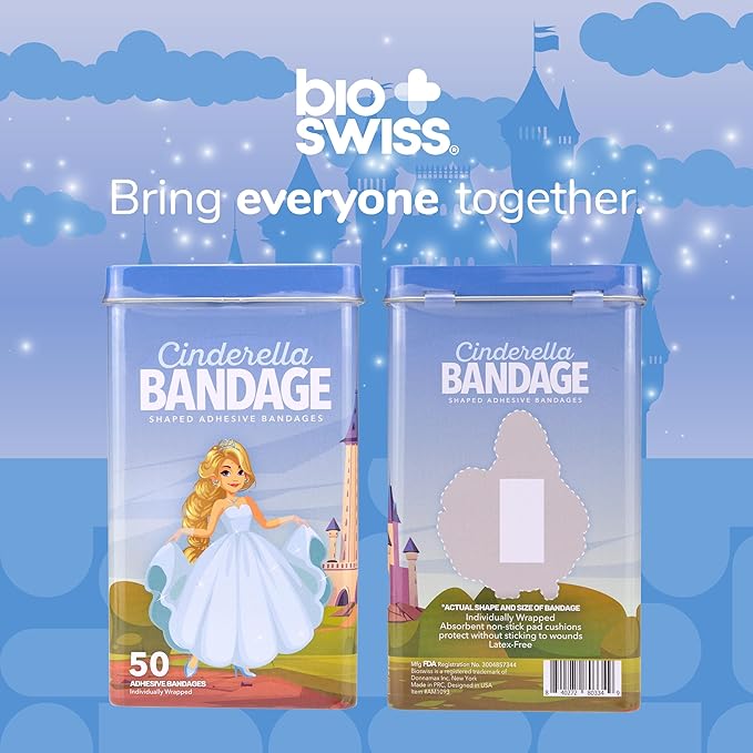 BioSwiss Bandages, Princess Cinderella Shaped Self Adhesive Bandage, Latex Free Sterile Wound Care, Fun First Aid Kit Supplies for Kids and Adults, 50 Count-CubbioJoy