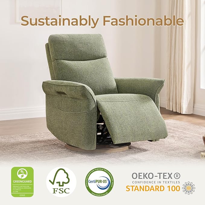 CHITA Power Recliner Chair, Electric Triple-Motor Swivel Glider Nursery Rocking Chair with Adjustable Power Headrest and Lumbar Support, GREENGARD Gold Certified, Solid Wood Base, Forest Green-CubbioJoy