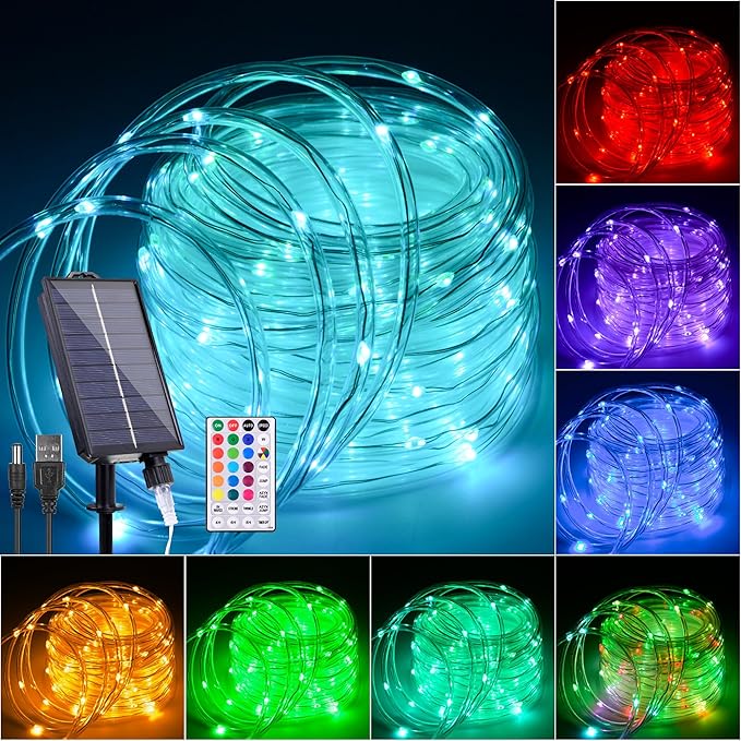 33FT Solar Rope Lights Outdoor Waterproof, 18 Colors Changing Fairy String Light USB & Solar Powered with Remote, 100 LEDs Multicolor Trampoline Light Rope Lighting for Outside Christmas Party-CubbioJoy