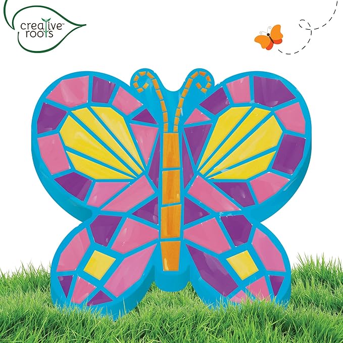 Creative Roots Mosaic Butterfly Stepping Stone Kit, Includes 7-Inch Ceramic Stepping Stone & 6 Vibrant Paints, Paint Your Own Stepping Stone, DIY Stepping Stone for Kids Ages 8+ White-CubbioJoy