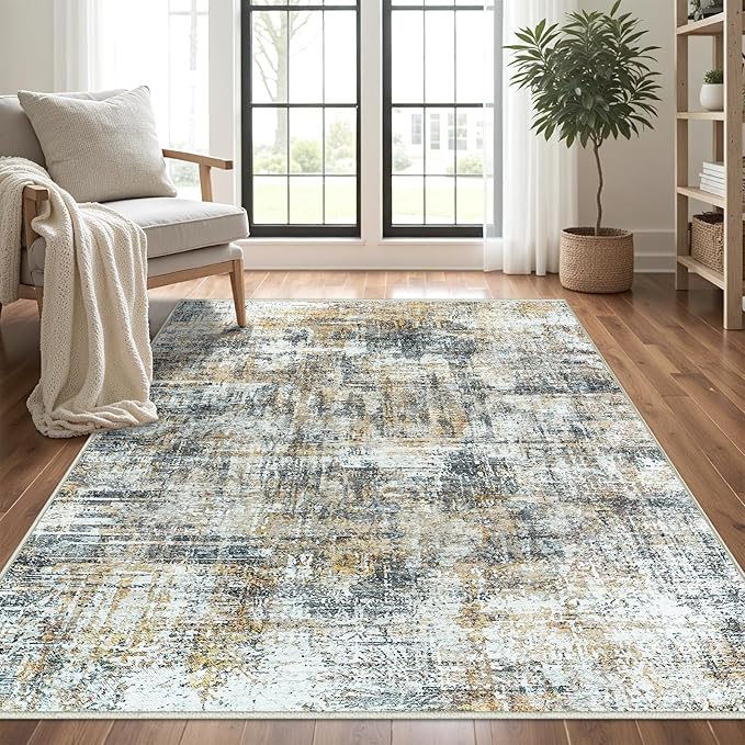 Area Rug Living Room Rugs: 5x7 Abstract Washable Rugs Ultra Soft Carpets with Non-Slip Backing Stain Resistant Carpet for Dining Room Table Bedroom Nursery Indoor Home Office Brown/Gray-CubbioJoy