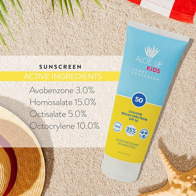 Aloe Up Kids Sport Sunscreen Lotion SPF 50 - Broad Spectrum Sheer Face and Body Sunscreen Protector for Sensitive Skin - With Aloe Vera Gel - Dries Fast - Reef Safe - Fragrance-Free - 6 Oz-CubbioJoy
