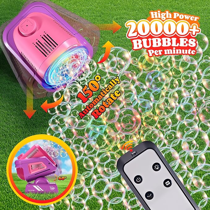 2025 Upgraded Bubble Machine with Remote Control, Automatic Rotation & RGB Lights, 1800mAh Rechargeable Battery, Type-C Charge, Bubble Maker for Kids, Weddings, Birthday Parties, Outdoor Activities-CubbioJoy
