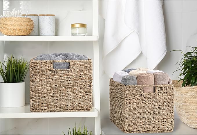 12x12x10in Seagrass Storage Baskets Set of 4, Large Wicker Storage Basket, Decorative Seagrass Shelf Basket, Pantry Baskets Organization,Folding Storage Cube Bins-CubbioJoy