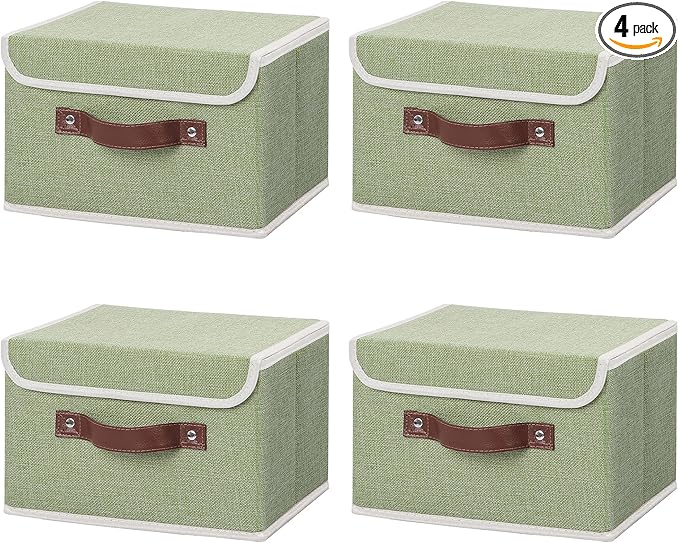 ANMINY 4PCS Storage Bins with Lid PU Leather Handles Storage Boxes PP Plastic Board Decorative Foldable Lidded Cotton Linen Fabric Home Cubes Baskets Closet Organizer Containers - Green, Small Size-CubbioJoy