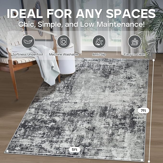 5x7 Area Rugs for Living Room Rug Washable: Modern Rug for Dining Room Bedroom Carpet Non Slip Low Pile 5 by 7 Indoor Abstract Nursery Home Office Black Grey-CubbioJoy