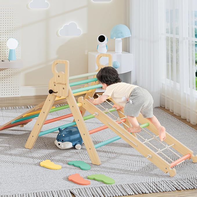 BlueWood 10-in-1 Pikler Triangle Set, Toddler Climbing Toys Indoor, Montessori Climber, Baby Jungle Gyms with Arch, Extra Rope Ladder & Footprint Balance Beam - Rose Garden-CubbioJoy