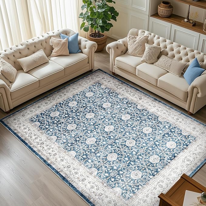 jinchan Floral 6x9 Area Rugs for Living Room - Machine Washable Vintage Distressed Boho Design Throw Rug Stain Resistant Carpet Low-Pile Thin Non-Slip for Bedroom Dining Room Nursery (6‘x9',Dark Blue)-CubbioJoy