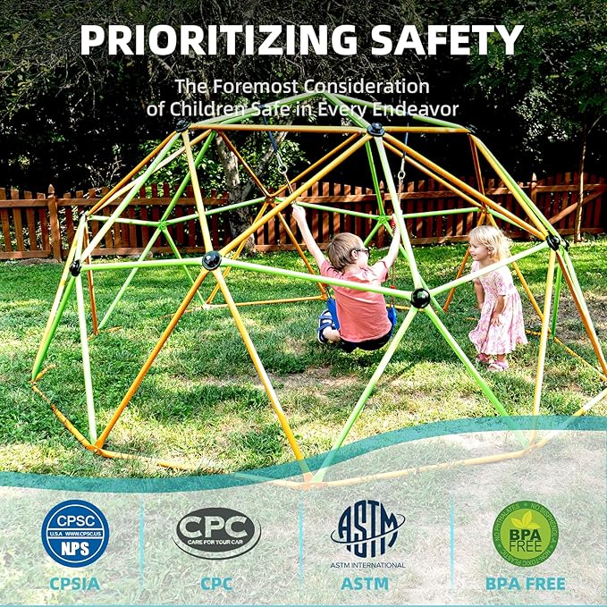 Climbing Dome, 10FT Jungle Gym with Swing for Kids 3 to 10 Outdoor Play Equipment, Supports 800lbs Toddler Play Set, Anti-Rust & Easy Assembly, Gift for Boys Girls (Yellow & Green)-CubbioJoy