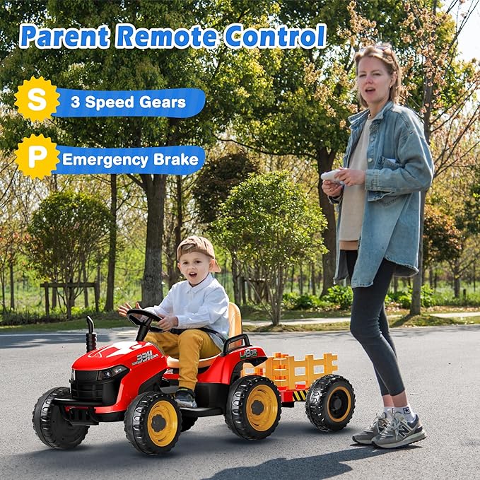 24V Ride On Tractor w/Tiltable & Detachable Trailer, 2x65W Motors, EVA Tires, Remote Control, Bluetooth, Shifter, Music, Electric Car for Kids Ages 2-5, Red-CubbioJoy