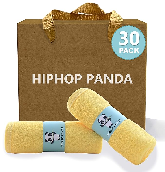 HIPHOP PANDA Baby Washcloths, Rayon Made from Bamboo - 2 Layer Ultra Soft Absorbent Newborn Bath Face Towel - Reusable Baby Wipes for Delicate Skin - Yellow, 30 Pack-CubbioJoy