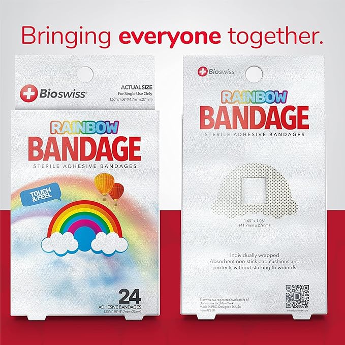 BioSwiss Bandages, Rainbow Shaped Self Adhesive Bandage, Latex Free Sterile Wound Care, Fun First Aid Kit Supplies for Kids, 24 Count-CubbioJoy