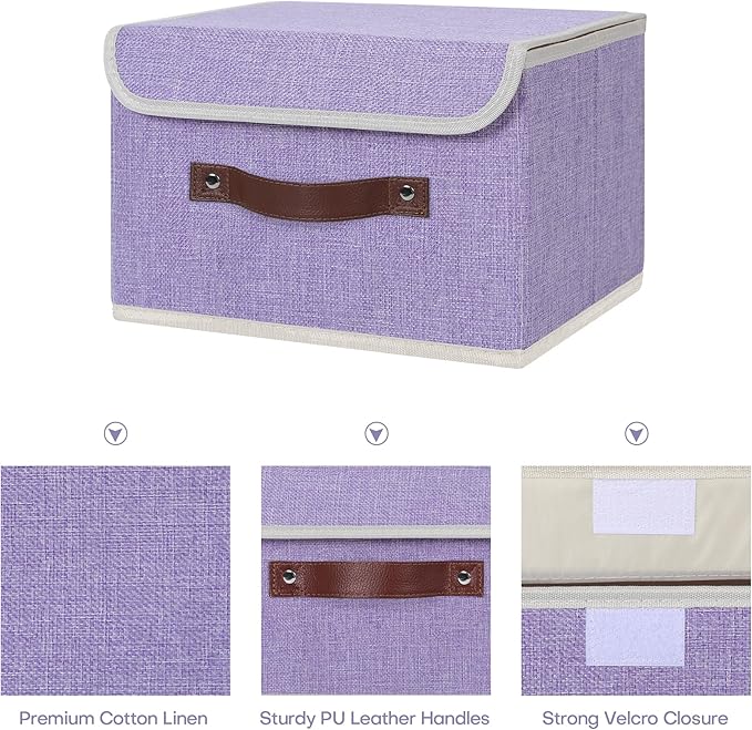 ANMINY 4PCS Storage Bins with Lid PU Leather Handles Storage Boxes PP Plastic Board Decorative Foldable Lidded Cotton Linen Fabric Home Cubes Baskets Closet Organizer Containers - Purple, Small Size-CubbioJoy